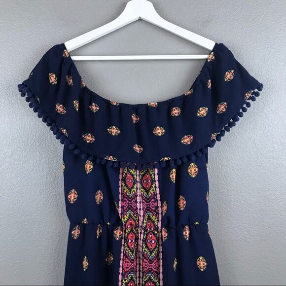 As U Wish Navy Ikat Pom Pom Tassel Maxi Dress Size XS - Picture 3 of 8